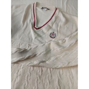 Andrew Rohan Vintage Mens XL Cream Cable Knit V-Neck Sweater Red Stripe USA Made